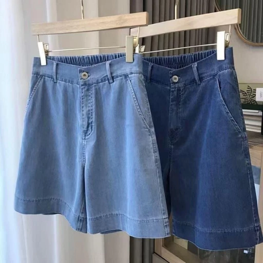 Quần Short Jean Giấy Nữ Trơn Cạp Cao 1 Cúc Co Giãn, Lưng Thun Thân Sau Trẻ Trung, Năng Động