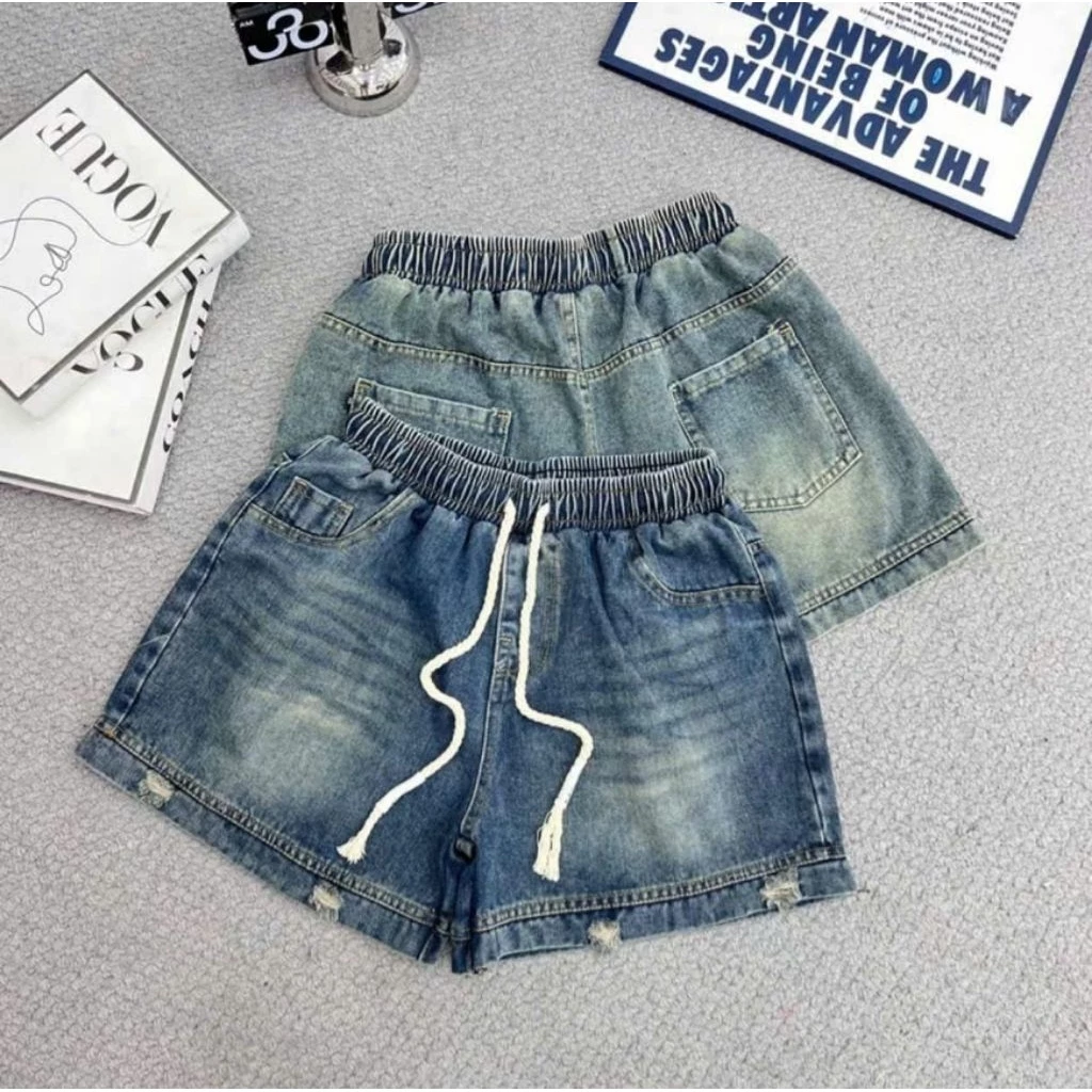 Quần Short Jean Nữ Phối Gấu Rách Nhẹ Cạp Chun Lưng Cao Phối Dây Rút, Vải Jean Thổ Dày Dặn Mềm Mịn