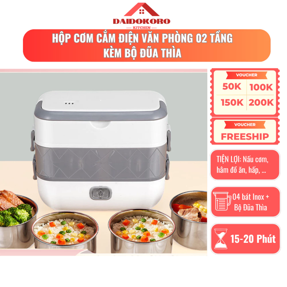 Hộp Nấu Cơm Hộp Hâm Cơm Cắm Điện Văn Phòng 2 Tầng 4 bát INOX kèm ĐŨA THÌA Vô cùng An Toàn Tiện Lợi