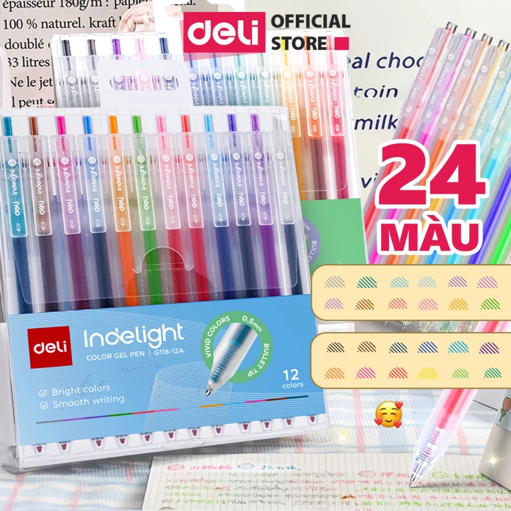 [🔥DELI VPP] Set 12 màu bút bi nước mực gel bấm Deli nhanh khô viết trơn phù hợp học sinh ghi chú học tập take note