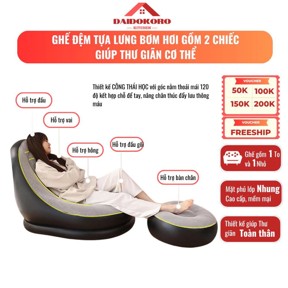 Ghế Đệm Ghế Lười Lười Bơm Hơi [Bộ 2 Ghế To và Nhỏ] Đệm Bọc Nhung Phong cách Hàn Quốc