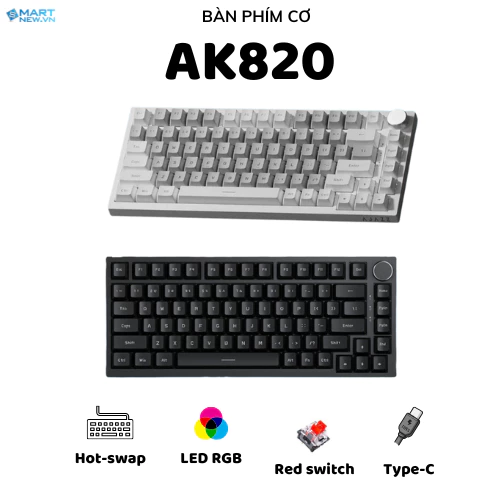 Bàn phím cơ có dây Ajazz AK820 1 mode  - Led RGb - Gasket Mount - Có hot-swap - Mạch xuôi  - Type C