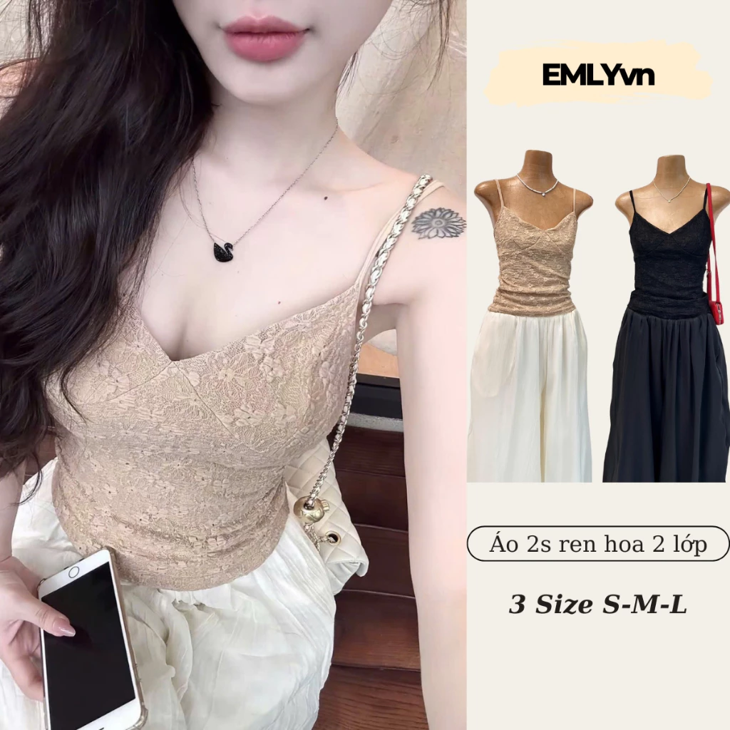 EMLYvn - Áo Ren 2 Dây Thêu Hoa 2 Lớp, Áo 2 Dây Kiểu Thêu Hoa Mùa Hè Đi Biển Cá Tính Hot Hit