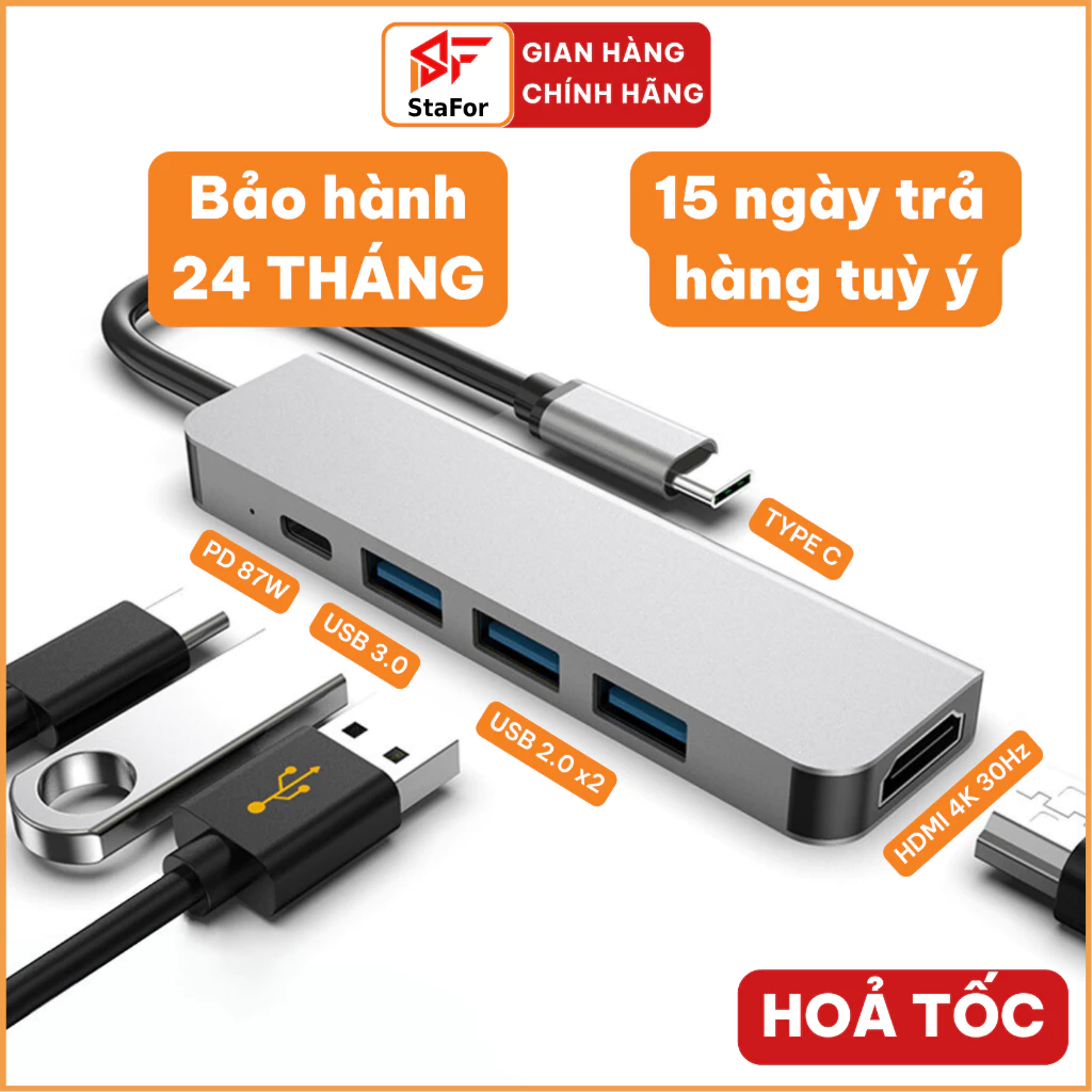 Cổng chuyển đổi Type C sang HDMI, USB cho Macbook, iPad, Laptop. Hub Type C 5 trong 1 to HDMI 4K, 2K. S65