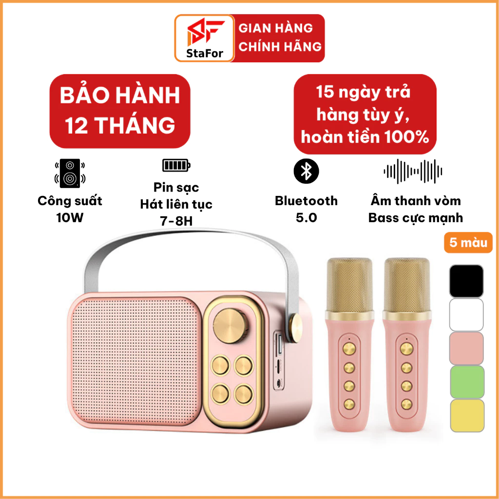 Loa Karaoke Mini Bluetooth kèm 2 Mic không dây công suất lớn, Bass mạnh, âm thanh vòm cực hay, kết nối ĐT, máy tính,Tivi