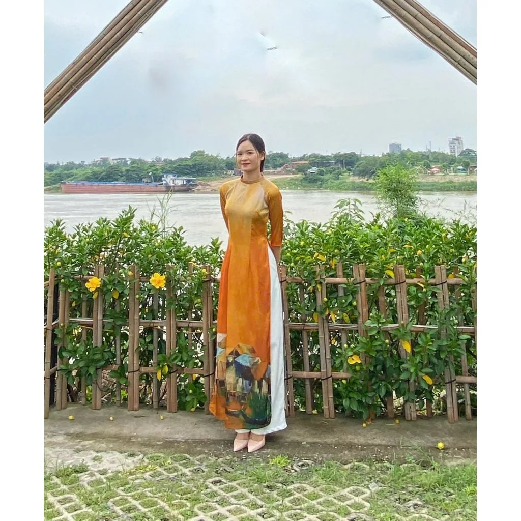 Áo Dài Truyền Thống In 3D Lụa Nhật Cổ Tròn, Áo Dài Nữ Trung Niên Màu Xanh, áo dài đẹp