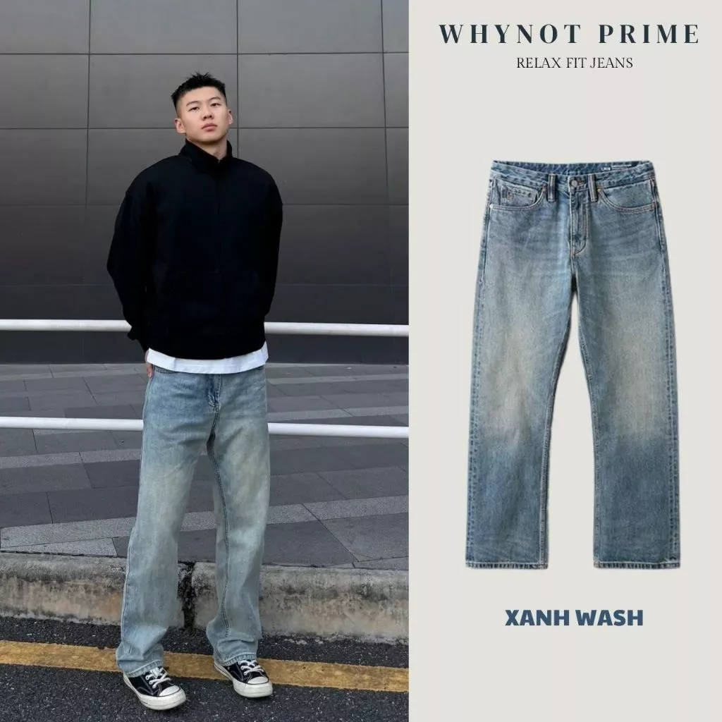 Quần Jean Nam Ống Suông Đứng Xanh Wash Vintage WN PRIME, Quần Bò Nam Nữ Form Suông Rộng Có BigSize