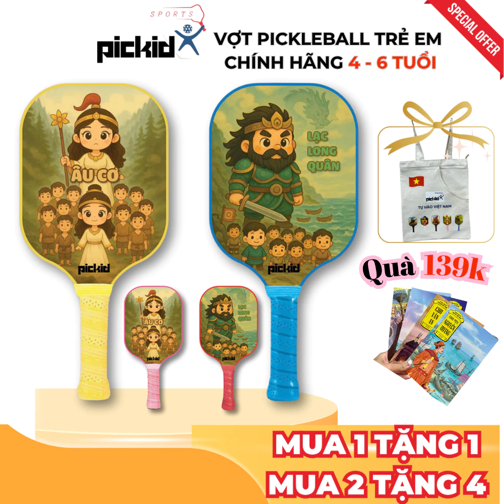 Vợt Pickleball trẻ em 4-6 Tuổi chính hãng PICKID Fiberglass in 5D nhân vật Lịch Sử Việt Nam BS