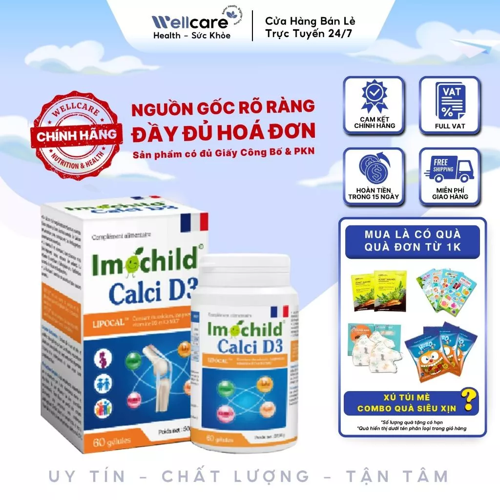 [✨CHÍNH HÃNG] Imochild Calci D3 Hộp 60 viên - Bổ sung canxi, magie, vitamin D3K2 MK-7 giúp xương răng chắc khỏe