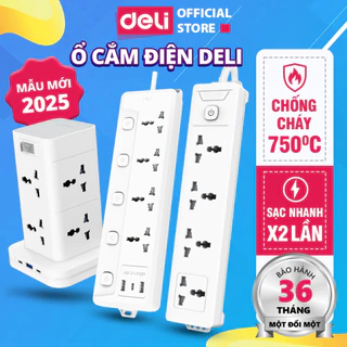 [VOUCHER 15%] Ổ Cắm Điện DELI 2025 Đa Năng Sạc Nhanh 20W TypeC USB Ổ Điện Nhiều Lỗ Công Suất 2500W Lõi Chống Giật