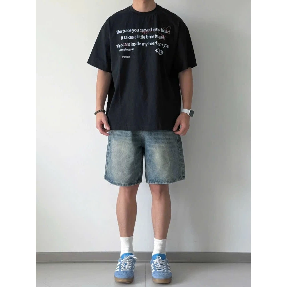 Quần Short Jeans Nam form ngắn trên gối wash màu xanh bụi chất vải jeans dày dặn menswear