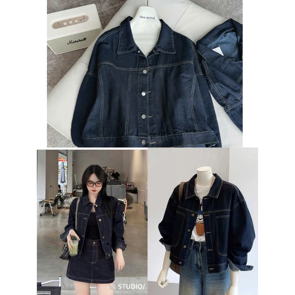 Áo Khoác Jeans Bò Dáng Lỡ Form Rộng Phong Cách Đường Phố Dễ Mặc Phối Viền Chỉ Nổi
