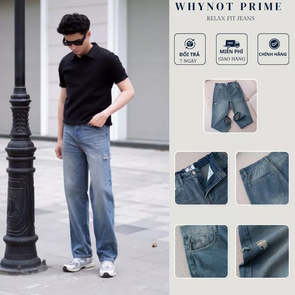 Quần Jean Nam Rách Cạnh Ống Suông Đứng Wash Màu Silver Sky WN PRIME | Quần Bò Nam Nữ Rách Form Suông Rộng Có BigSize