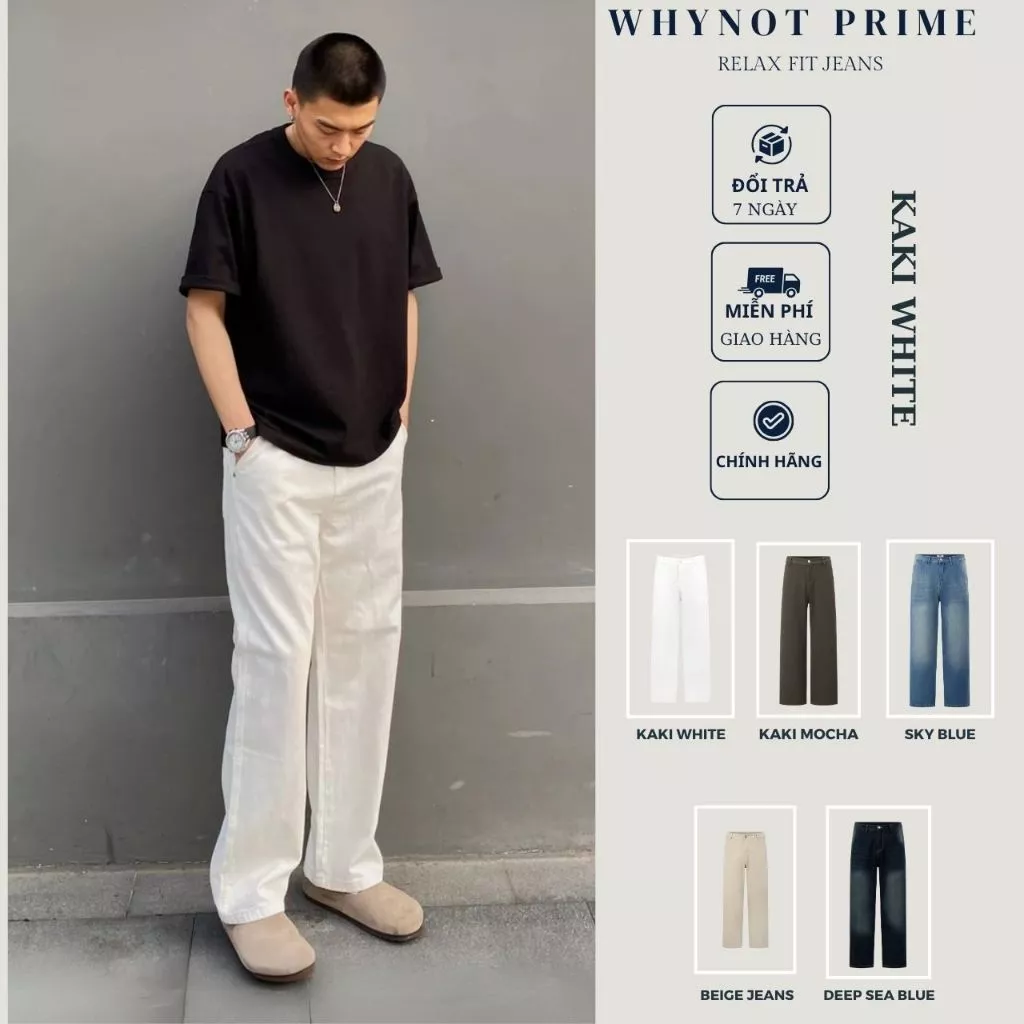 Quần Suông Trắng Kaki Denim Ống Suông Rộng WN PRIME | Quần Bò Nam Nữ Màu Trắng - Be - Nâu Có BigSize