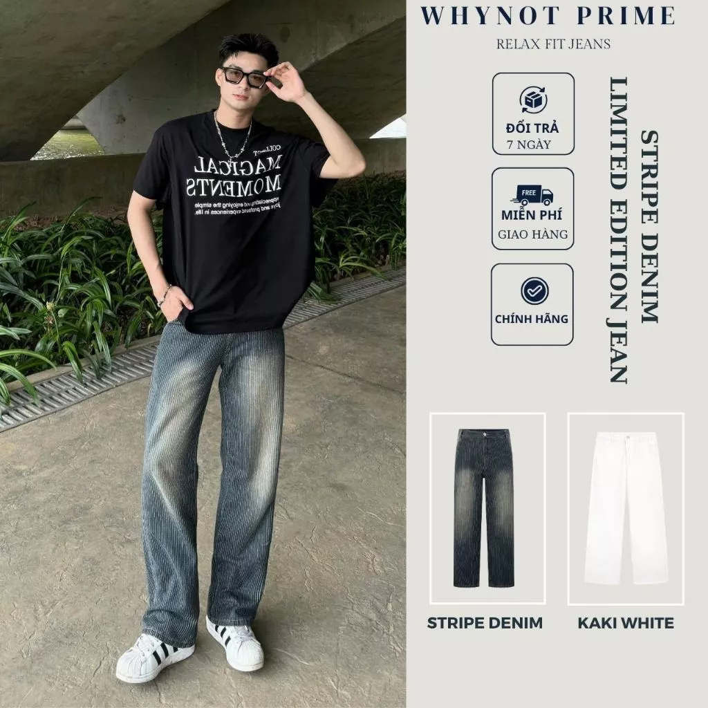 Quần Suông Stripe Denim Ống Suông Rộng WN PRIME | Quần Bò Nam Nữ Kẻ Sọc - Kaki Trắng Form Suông Rộng Có BigSize