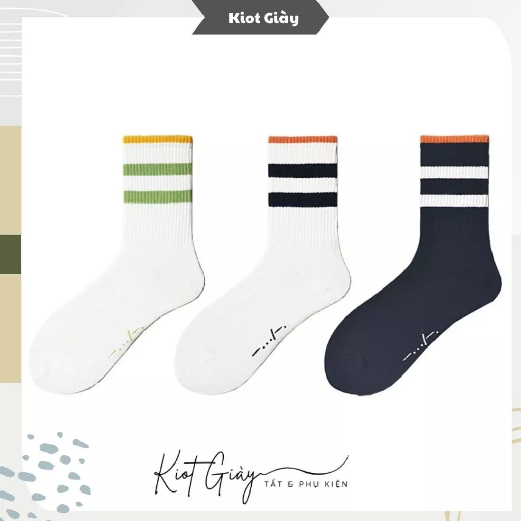 Tất cổ cao unisex họa tiết 3 kẻ viền sọc ngang - Tất vớ chất liệu cotton cao cấp dày dạn