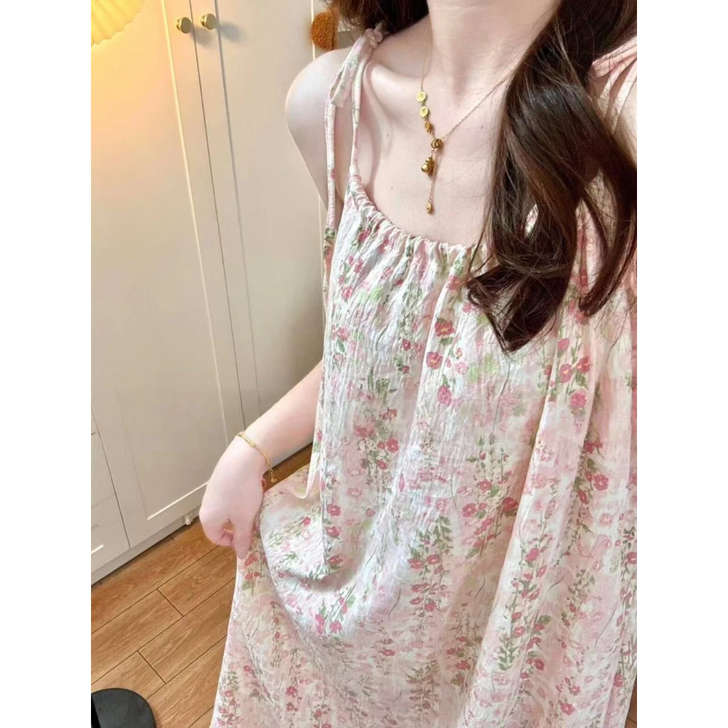Monet Flower Nightgown Summer Thin Loose Girl Quần áo nhà treo đồ ngủ Phụ nữ cao cấp