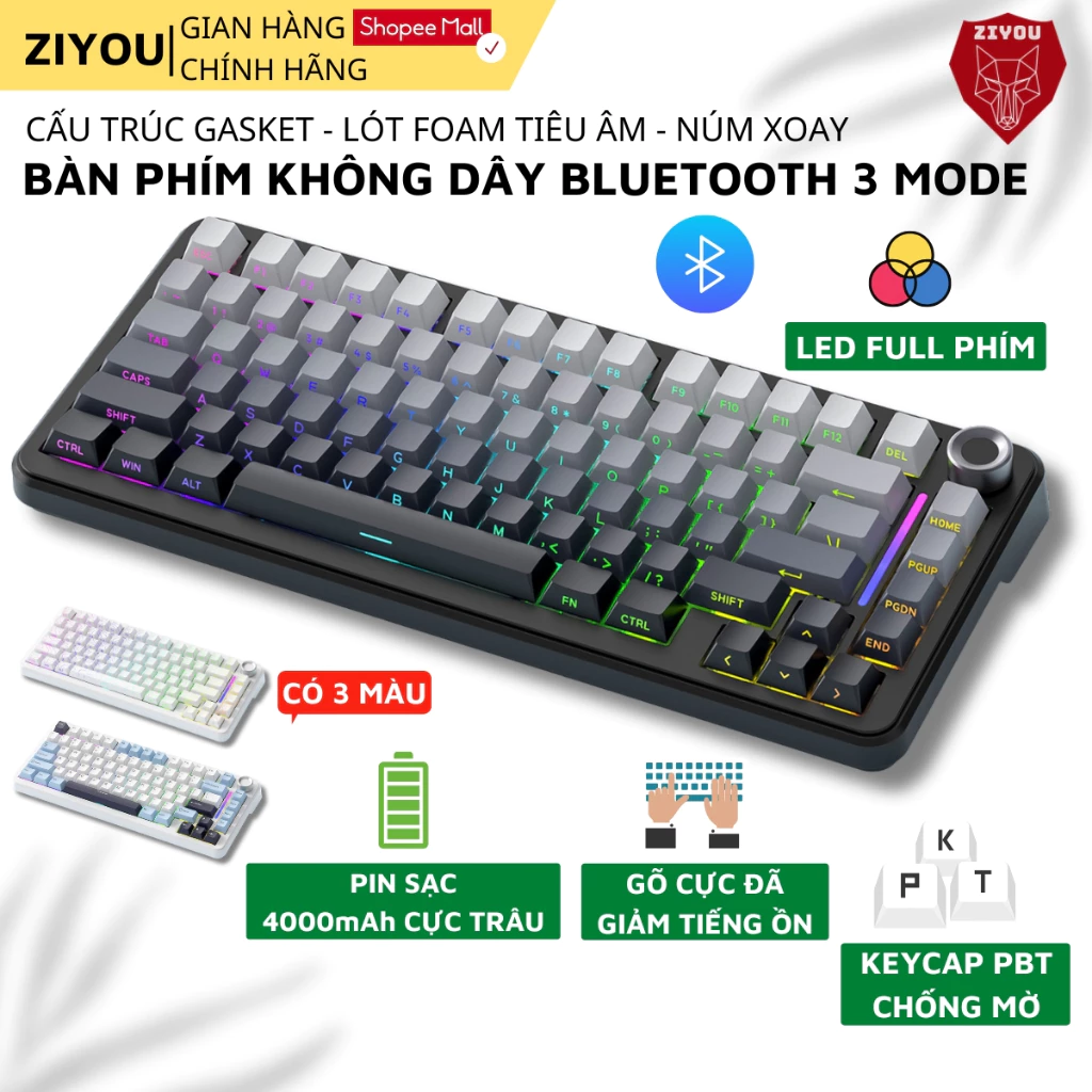 Bàn Phím Cơ Không Dây Ziyou FreeWolf F75 Ultra - Led RGB Mạch Xuôi, Keycap PBT Núm Xoay, App Gaming