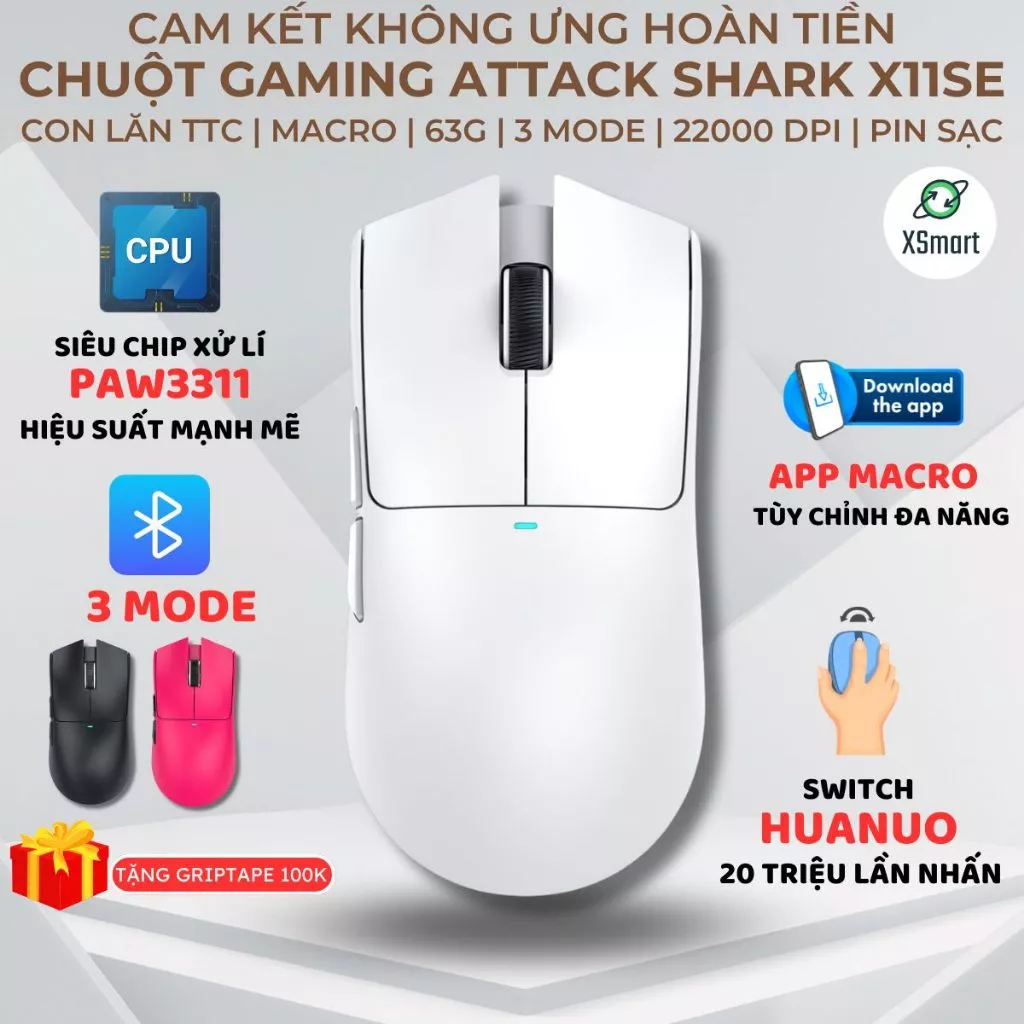Chuột Gaming Không Dây Attack Shark X11SE 3 Mode Kết Nối Chip PAW3311 22000 DPI Pin Sạc Switch Huano