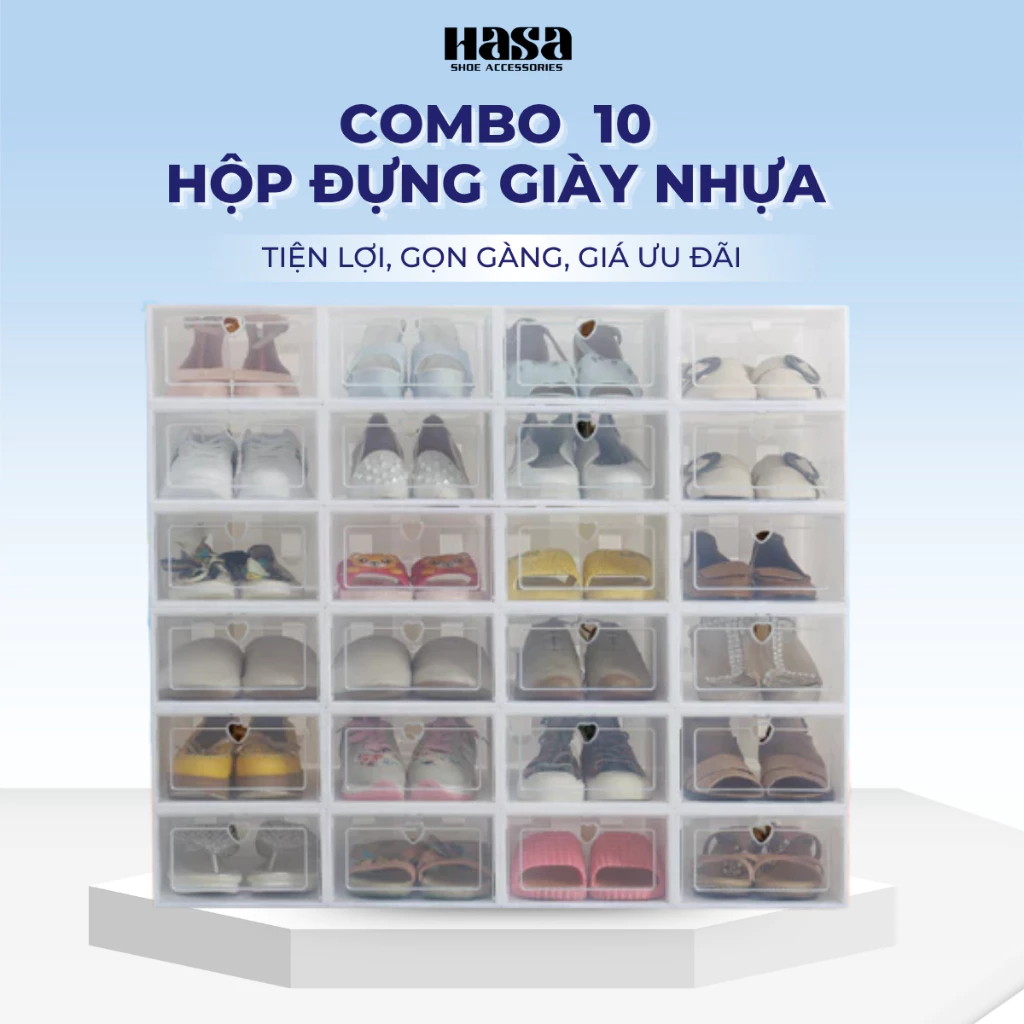 Combo 10 Hộp Đựng Giày Nhựa Cứng Trong Suốt, Kệ Để Giày Dép Size Lớn Chịu Lực 4kg HDG07