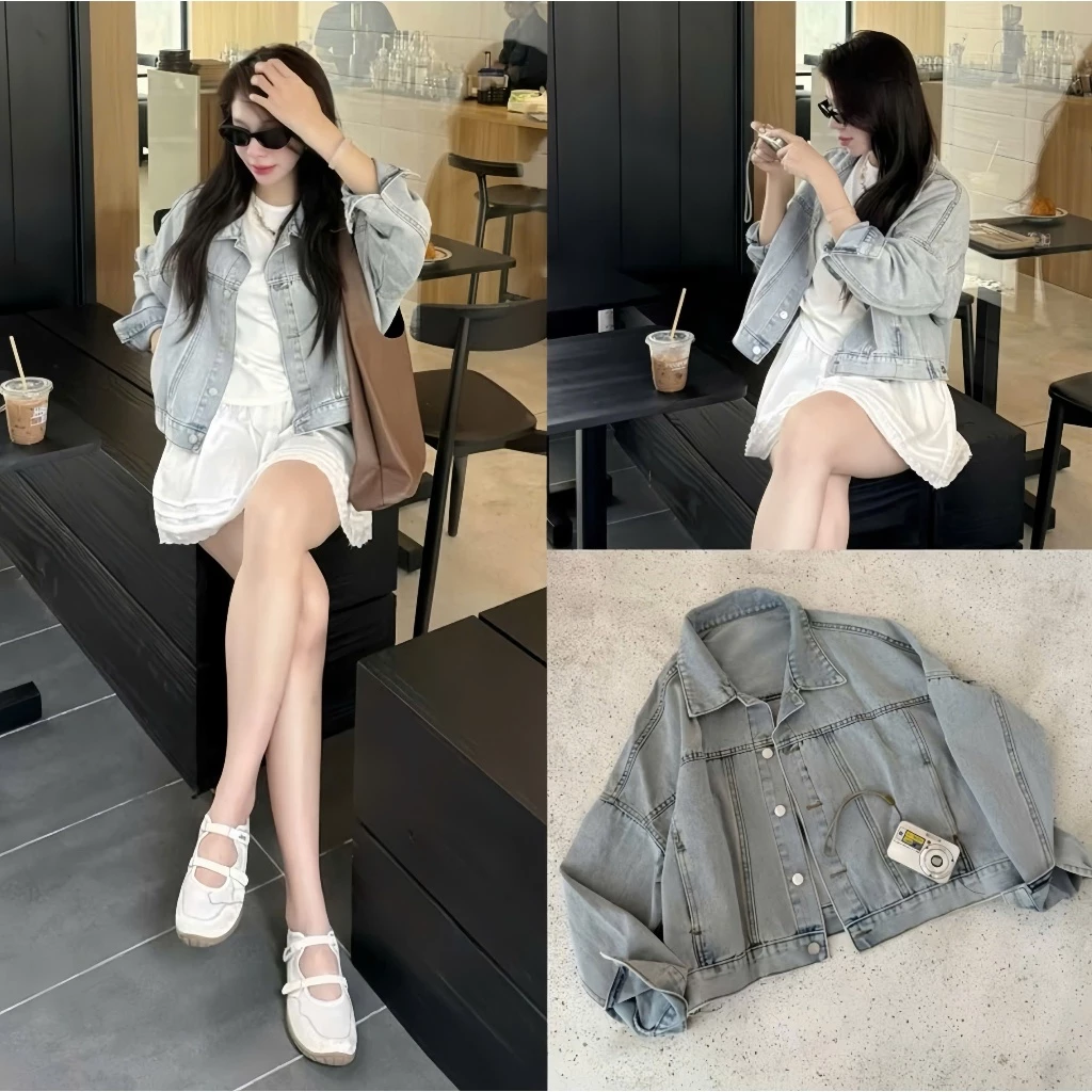 Áo Khoác Jeans Bò, Áo Khoác Bò Dáng Lỡ Màu Xanh Nhạt Phong Cách Vintage Dễ Mặc