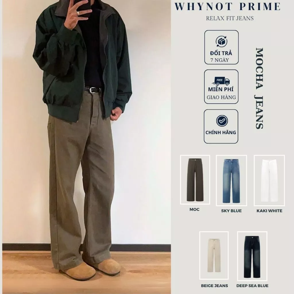 Quần Jeans Ống Suông Rộng Màu Mocha Cao Cấp WN PRIME | Quần Bò Nam Nữ Màu Nâu Có BigSize