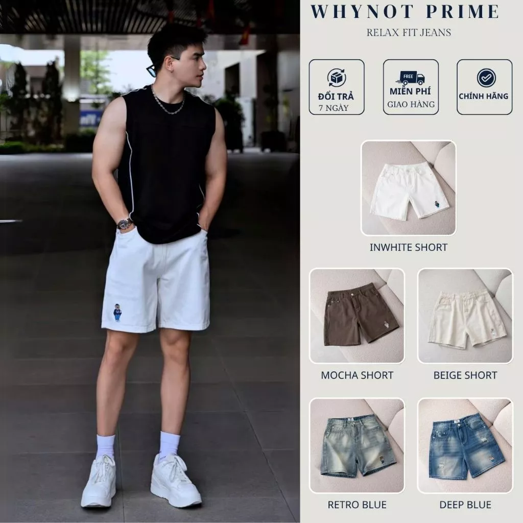 Quần Short Jean Nam InWhite Short Jeans Form Trên Gối WN PRIME | Quần Đùi Nam Màu Trắng Có BigSize