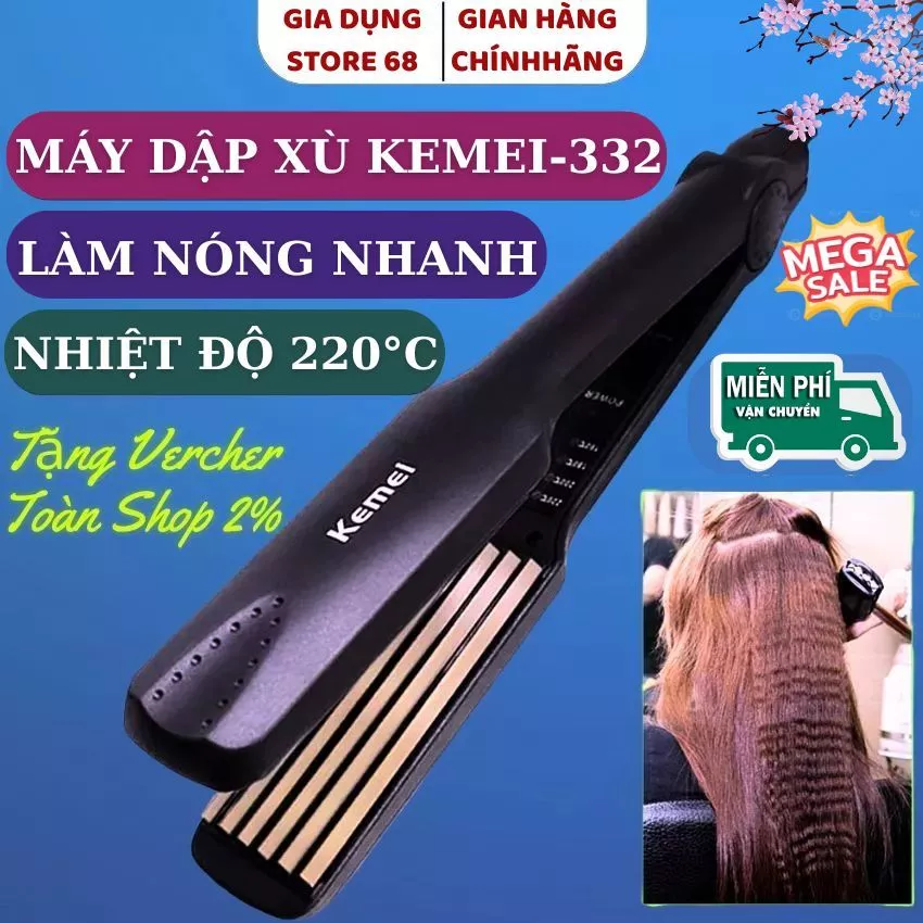 Máy dập xù tóc KEMEI 332, Chức năng dập xù, Bấm xù, Máy làm tóc dập xù có 4 mức chỉnh nhiệt, Bảo vệ an toàn tóc