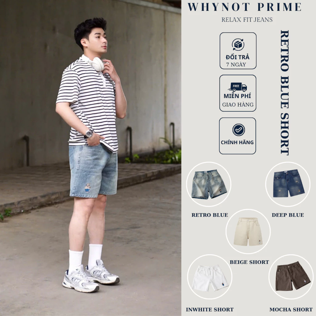 Quần Short Jean Nam Retro Blue Short Jeans Form Trên Gối WN PRIME | Quần Đùi Nam Màu Xanh Retro Có BigSize