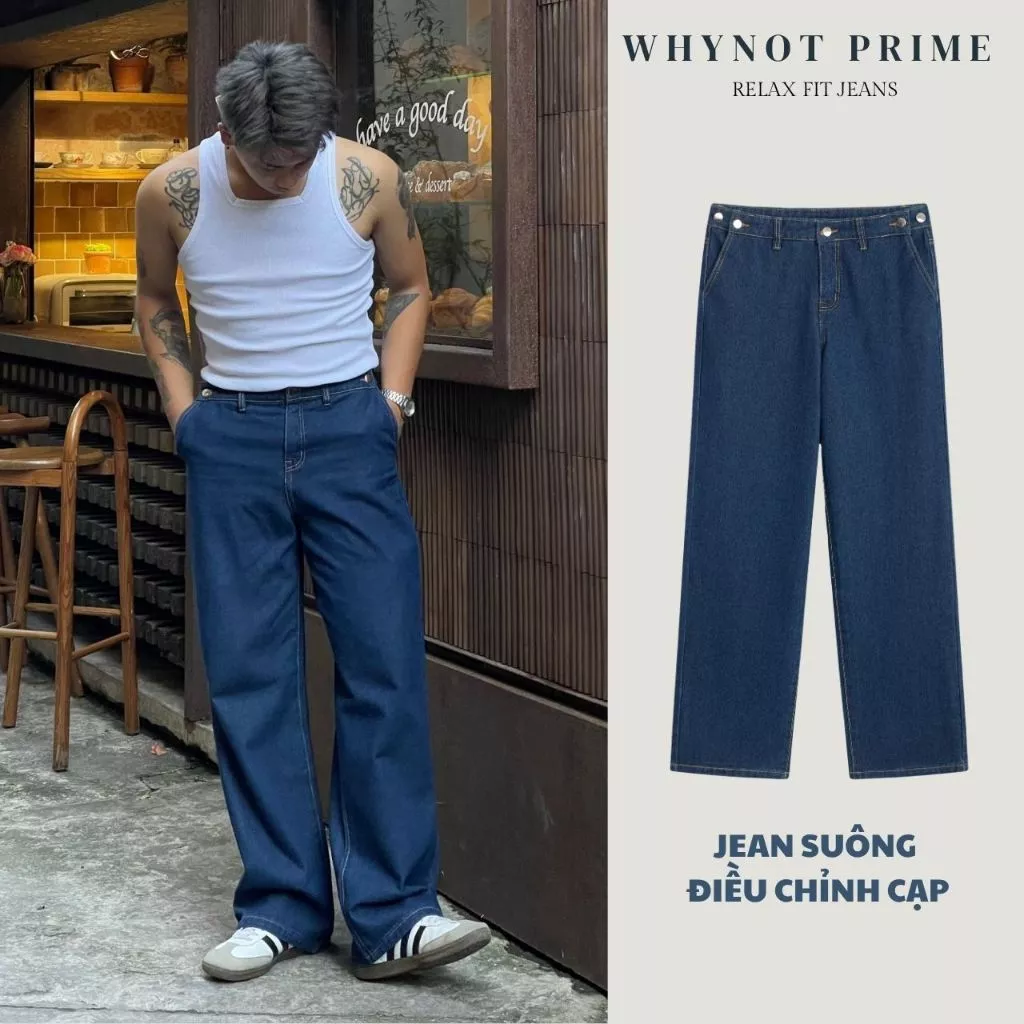 Quần Jeans Ống Suông Điều Chỉnh  Cạp WN Prime |  Quần Bò Nam Nữ Màu Indigo Form Suông Rộng