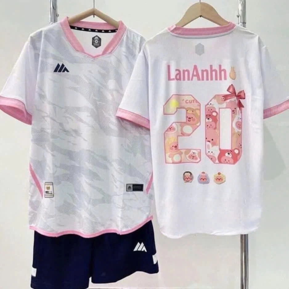 Bộ áo quần bóng đá,áo đá banh nam nữ m.k hồng in tên số theo yêu cầu, áo thể thao chất liệu thun mè