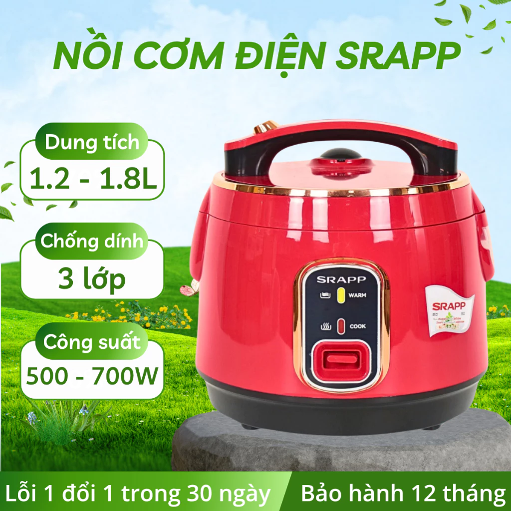 Nồi cơm điện SRAPP dung tích 1.2L-1.8L, công suất 700W tỏa nhiệt đều, cơm chín nhanh, chống dính 3 lớp