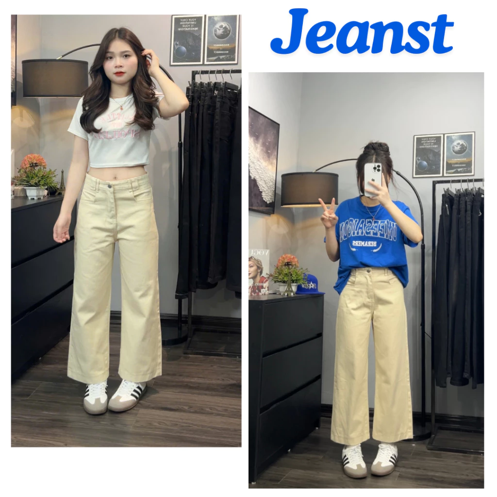 ( Quần nấm 88cm ) Quần jean kaki kem ống suông rộng dễ mặc, chất vải mềm, túi cách điệu
