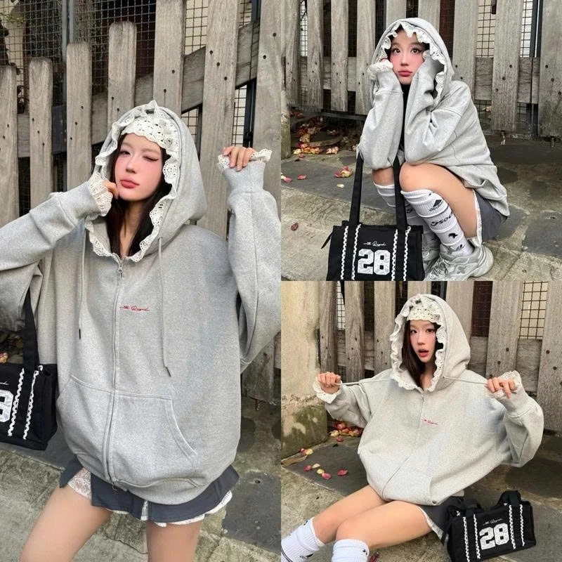 [ HOT NEW ] Áo khoác nữ có nón Hoodie Zip Phối Ren Nón Và Tay Chất Liệu Nỉ Chân Cua Siêu Mịn Hottrend 2025