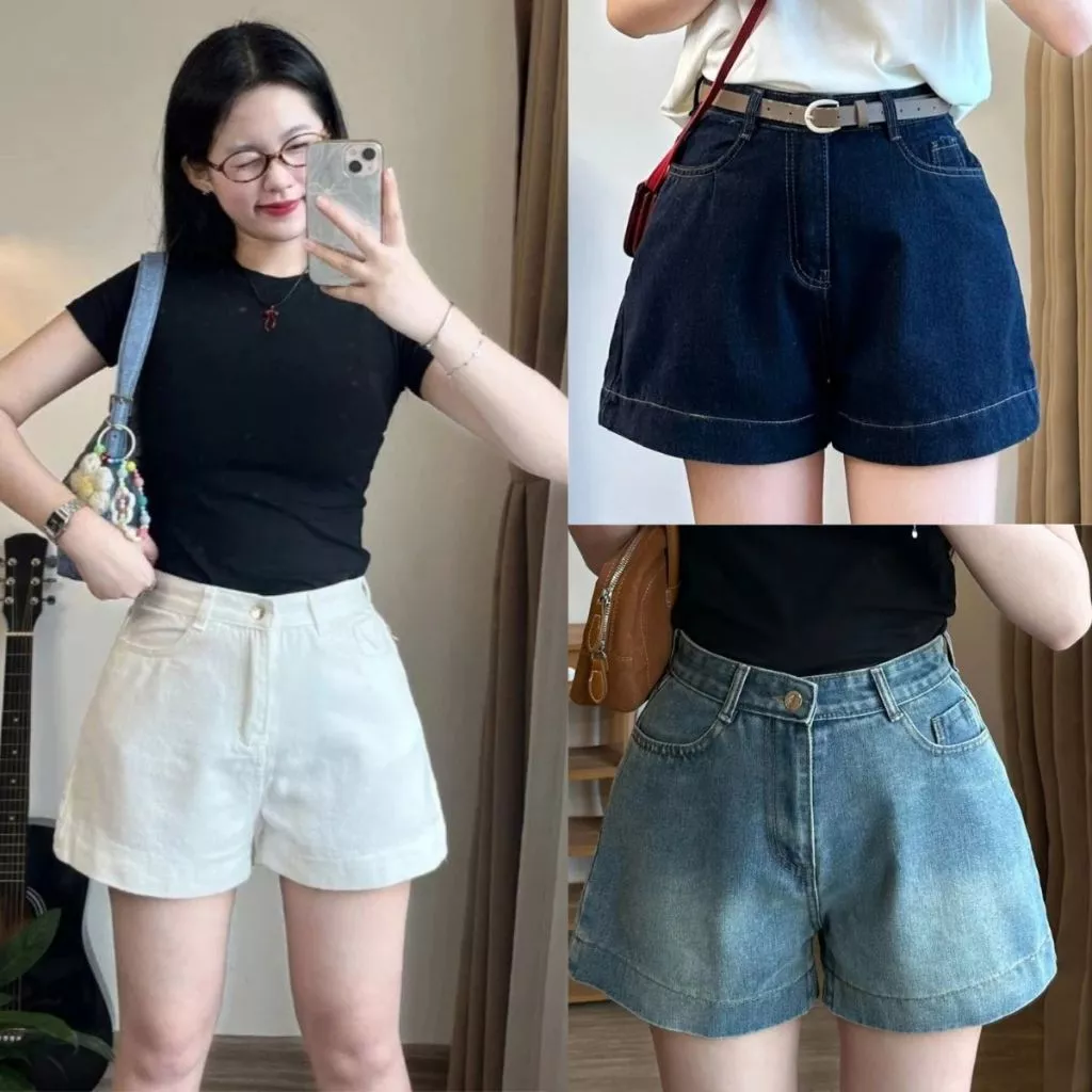 Quần short jean nữ cạp cao MIAA màu trắng xanh mùa hè chất jean co dãn form ngắn basic trẻ trung