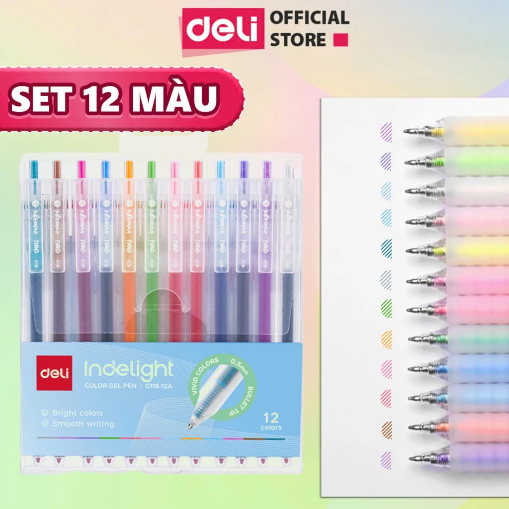 Set 12 màu bút bi nước mực gel bấm nhiều màu 0.5mm Deli nhanh khô viết trơn tru trang trí sổ vở xinh xắn