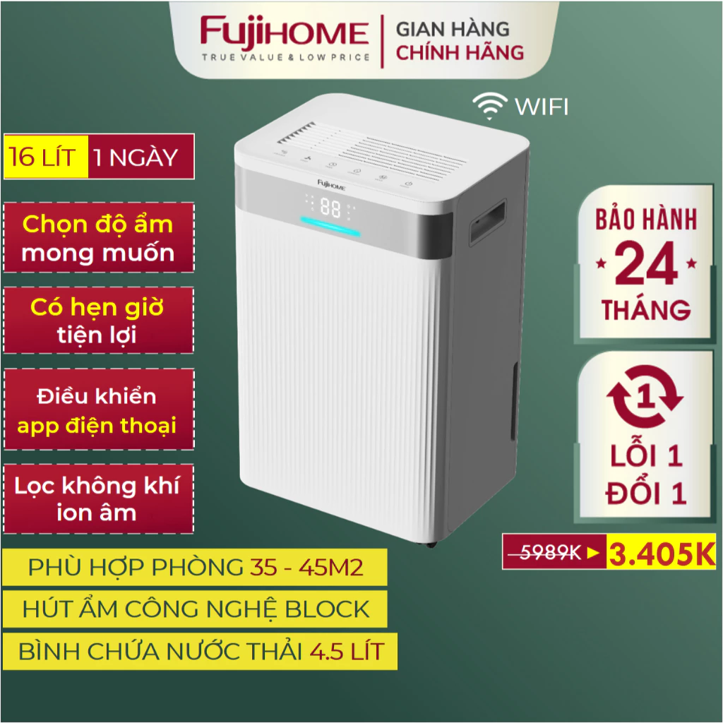 Máy hút ẩm dân dụng FUJIHOME DH16NW có lọc khí và điều khiển từ xa