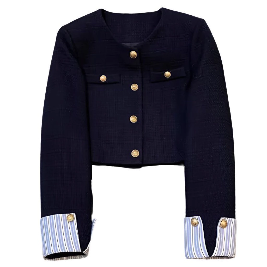 Áo khoác dạ tweed dáng ngắn croptop tay viền kẻ màu xanh than phong cách han quoc hàng QC 1889