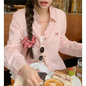 Áo sơ mi , Áo sơ mi thô mềm form rộng thêu nơ - Áo Sơ Mi Nữ Thêu Nơ Form Rộng Dài Tay Nhiều Màu