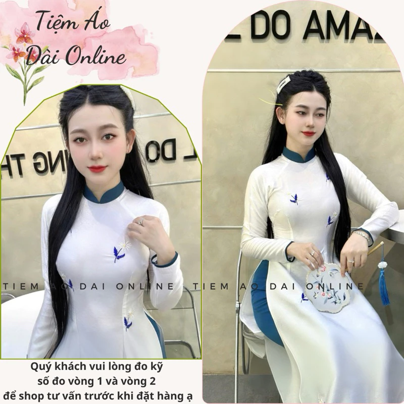 o Dài Nữ Lụa Vân Gỗ 2 Tà Thêu Hoa Cúc Duyên Dáng Mặc Dạy Học, Dự Tiệc, Chụp Ảnh