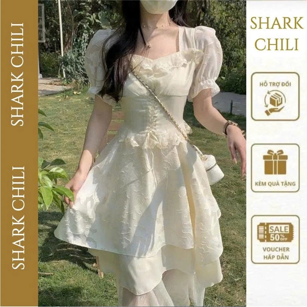(Mở Bán)  Váy/Đầm công chúa cổ vuông thắt eo dáng xoè 3 tầng dự tiệc, sinh nhật, kỉ yếu S84