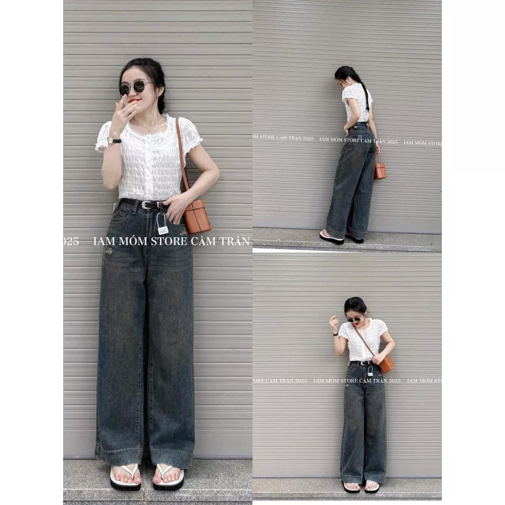 Quần Bò Jeans Nữ Ống Rộng, Quần Bò Denim Suông Ống Rộng Màu Bụi Mài Rách Nhẹ Bản Cạp Cao Siêu Hách Dáng Cực Đỉnh