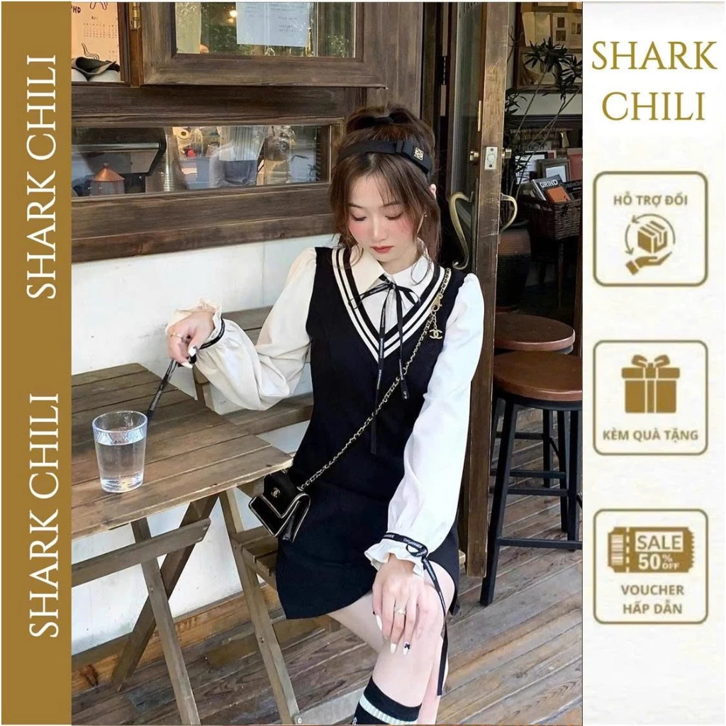 Váy nữ tiểu thư Shark Chili Đầm Basic Hàn Quốc chụp kỉ yếu sơ mi Cottagecore xinh polo babydoll S10