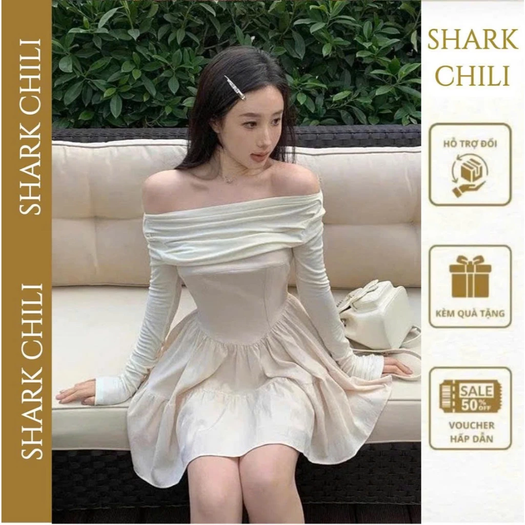 ( Mở bán giảm 40k) Váy nữ trễ vai tay dài Đầm body trắng shark chili đi biển babydoll boddy S33