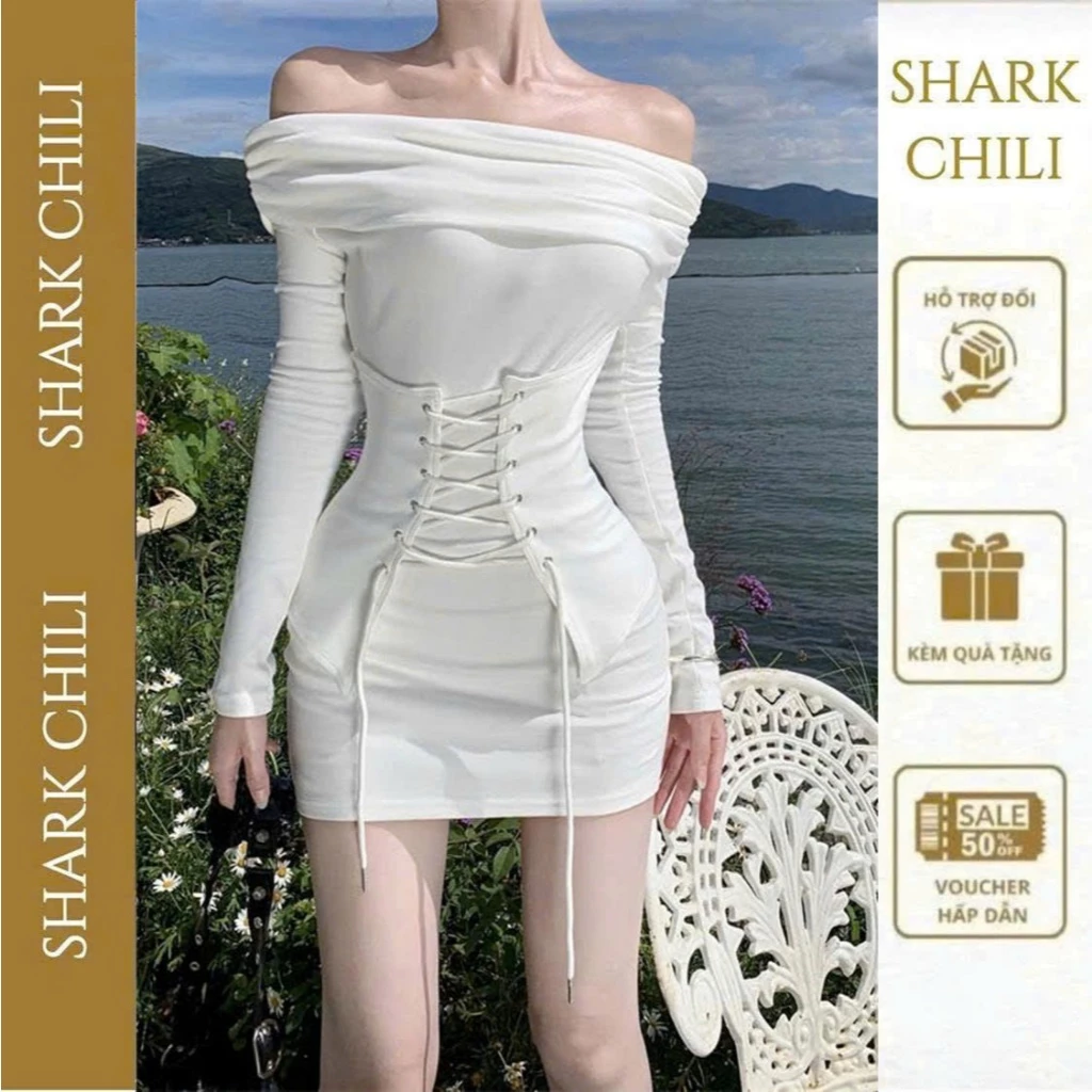 [GIAO TRƯỚC TẾT] Váy body trễ vai đi biển Đầm dự tiệc Ngắn Ôm Dáng Tay Dài Shark Chili Đầm body nữ Thần S39