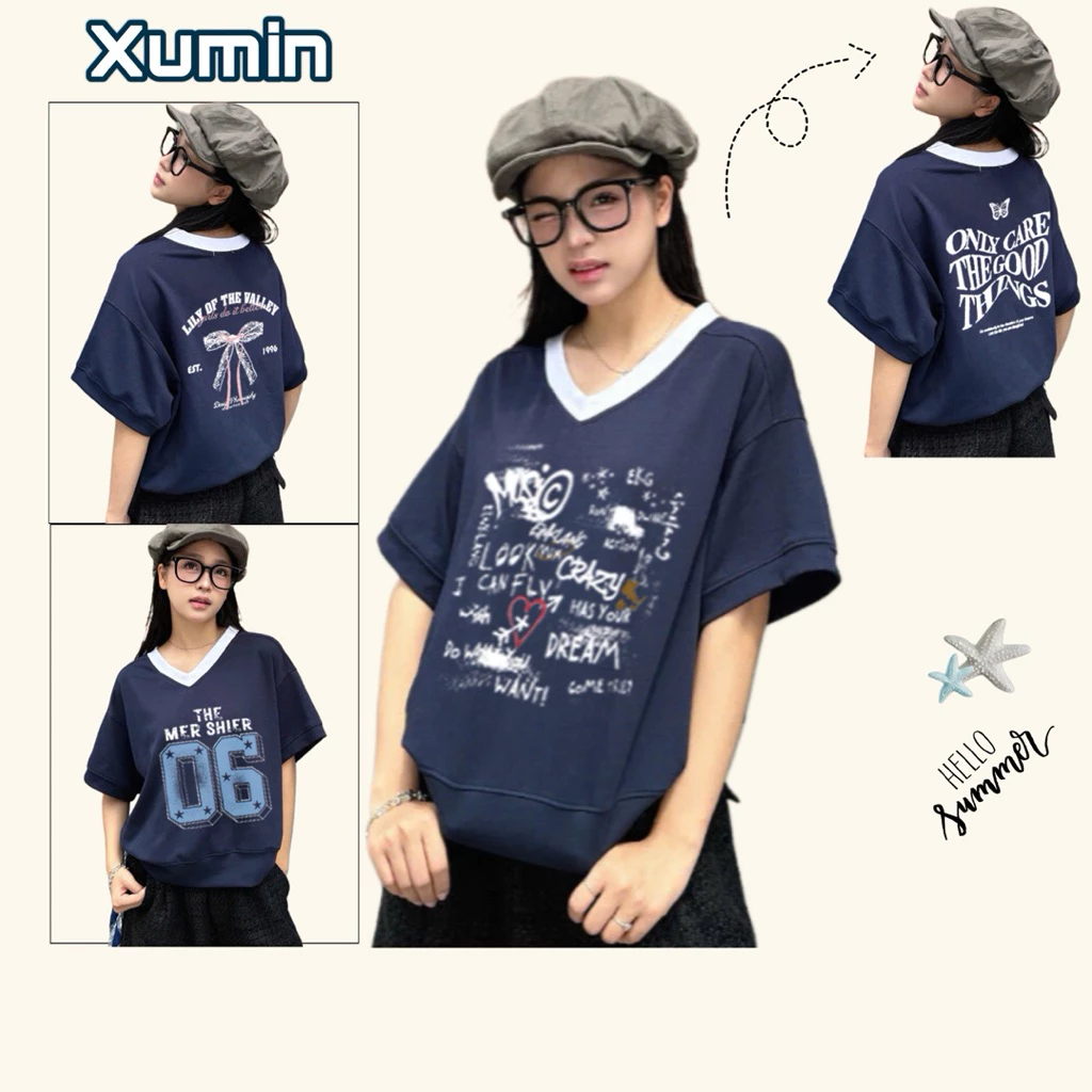 Áo Thun Boxy Chất Cotton Hàn Xanh Than Cổ Tim Trắng In Hình Nhiều Phân Loại