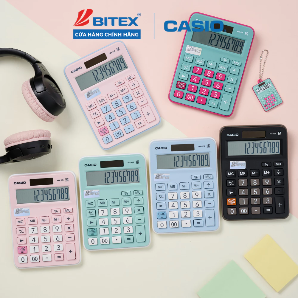 [Có màu đen] Máy Tính Casio MX-12B (Phiên Bản Pastel) - Màu Ngọt Ngào, Phím Nảy Êm Cho Chủ Shop, Thu Ngân