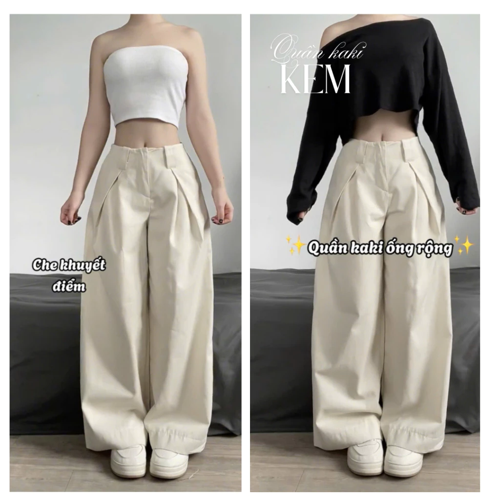 Quần kaki ống rộng xếp ly eo nhún thun dày dặn dễ phối đồ - Đơn giản - Bốn mùa - Nữ - Ong