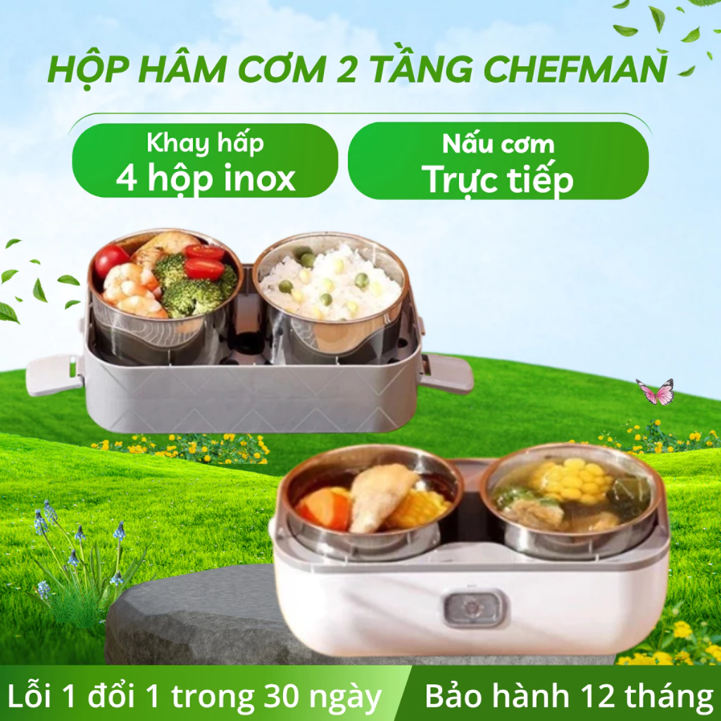 Hộp đựng cơm Chefman CM-121 hộp cơm văn phòng hâm nóng thức ăn cắm điện 2 tầng, khay inox cao cấp