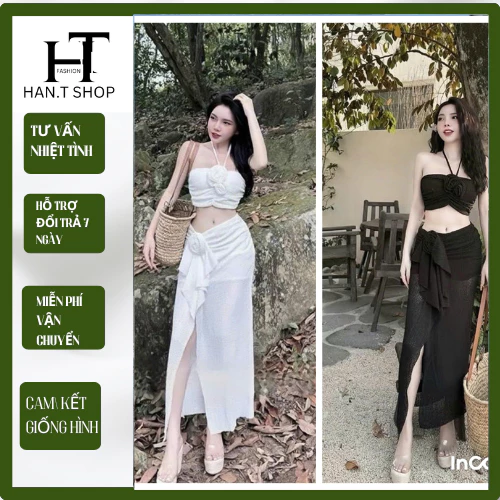 [ BKN 1029 ] Bikini đồ bơi đi biển hai mảnh áo cổ yếm PHỐI HOA mix chân váy xẻ tà sang chảnh HAN.T SHOP